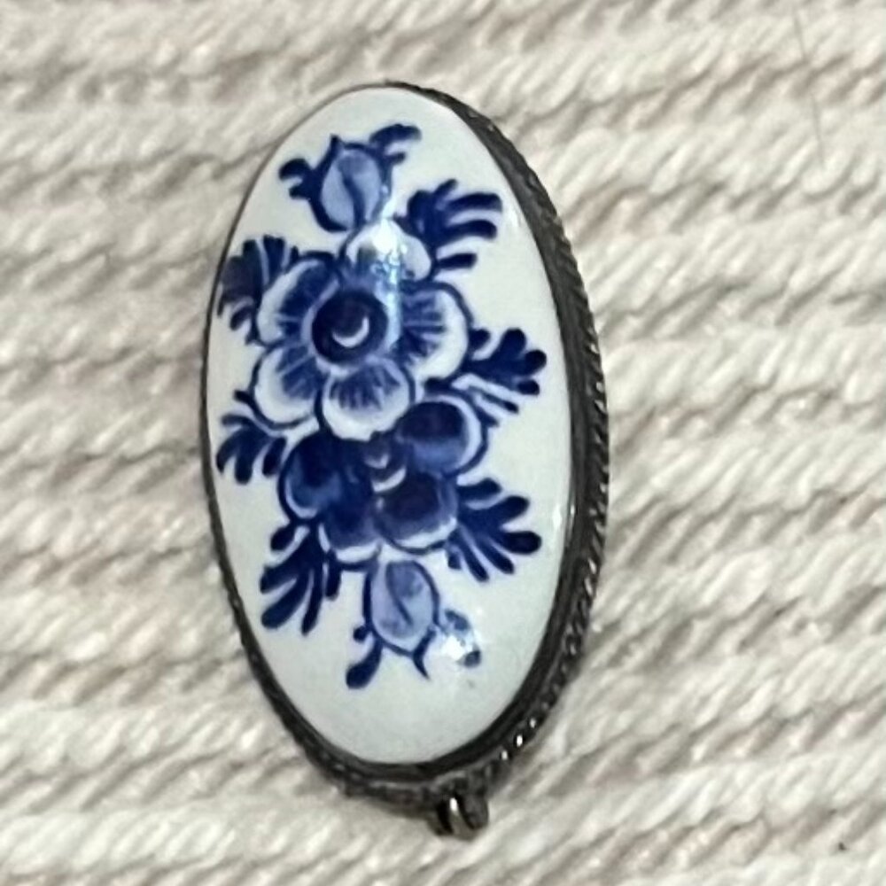 Vintage Holland Royal Delft Blue Flower Floral Brooch Pin